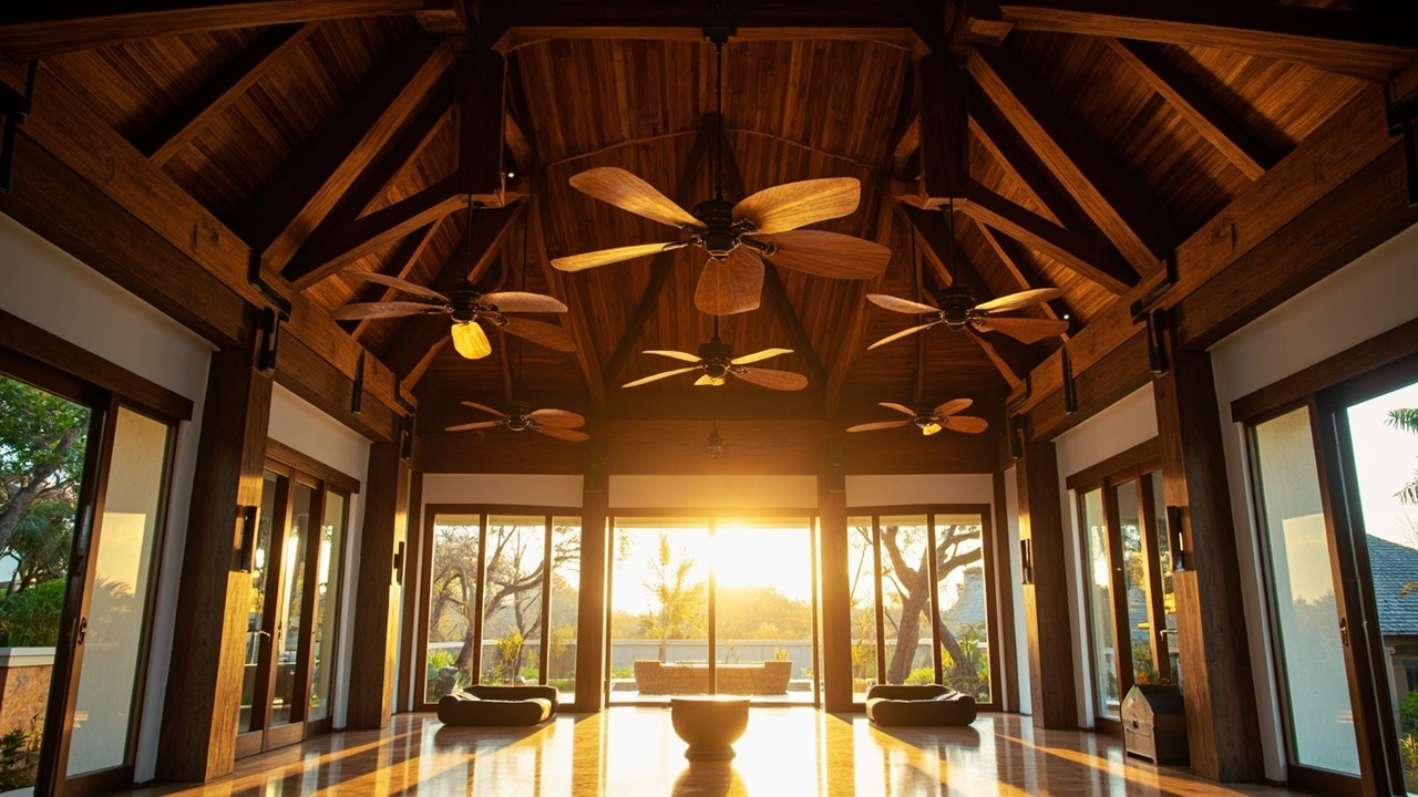 Generated editorial image for High Ceilings: a dramatic open living room with high timber ceiling, large fans and generous natural light. This is contextual imagery, not a photograph of a specific listing or ThaiLife property.