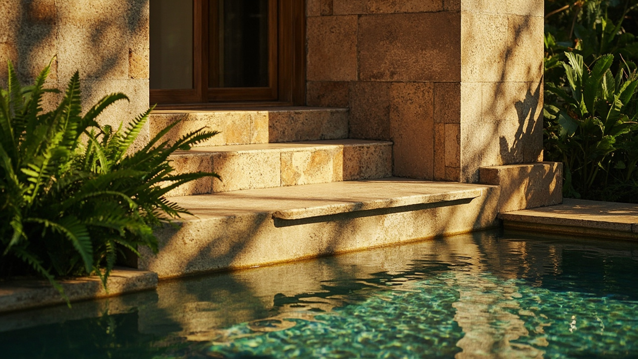 Generated editorial image for Natural Stone Finishes: a refined villa detail using local-looking stone, water and tropical planting. This is contextual imagery, not a photograph of a specific listing or ThaiLife property.