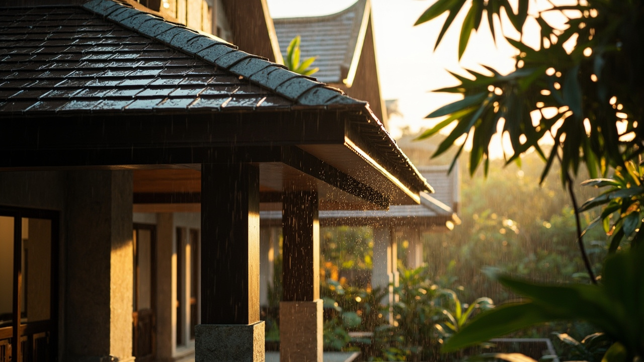 Generated editorial image for Monsoon-Ready Roofs: a well-built tropical home with deep roof overhangs, strong gutters and rain-ready construction. This is contextual imagery, not a photograph of a specific listing or ThaiLife property.