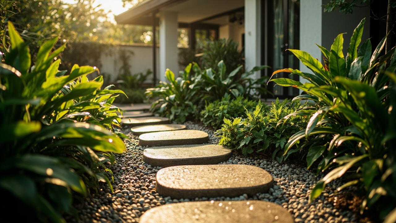 Generated editorial image for Drainage-Friendly Landscaping: a villa garden with graded paths, planted swales and discreet storm-water management after rain. This is contextual imagery, not a photograph of a specific listing or ThaiLife property.