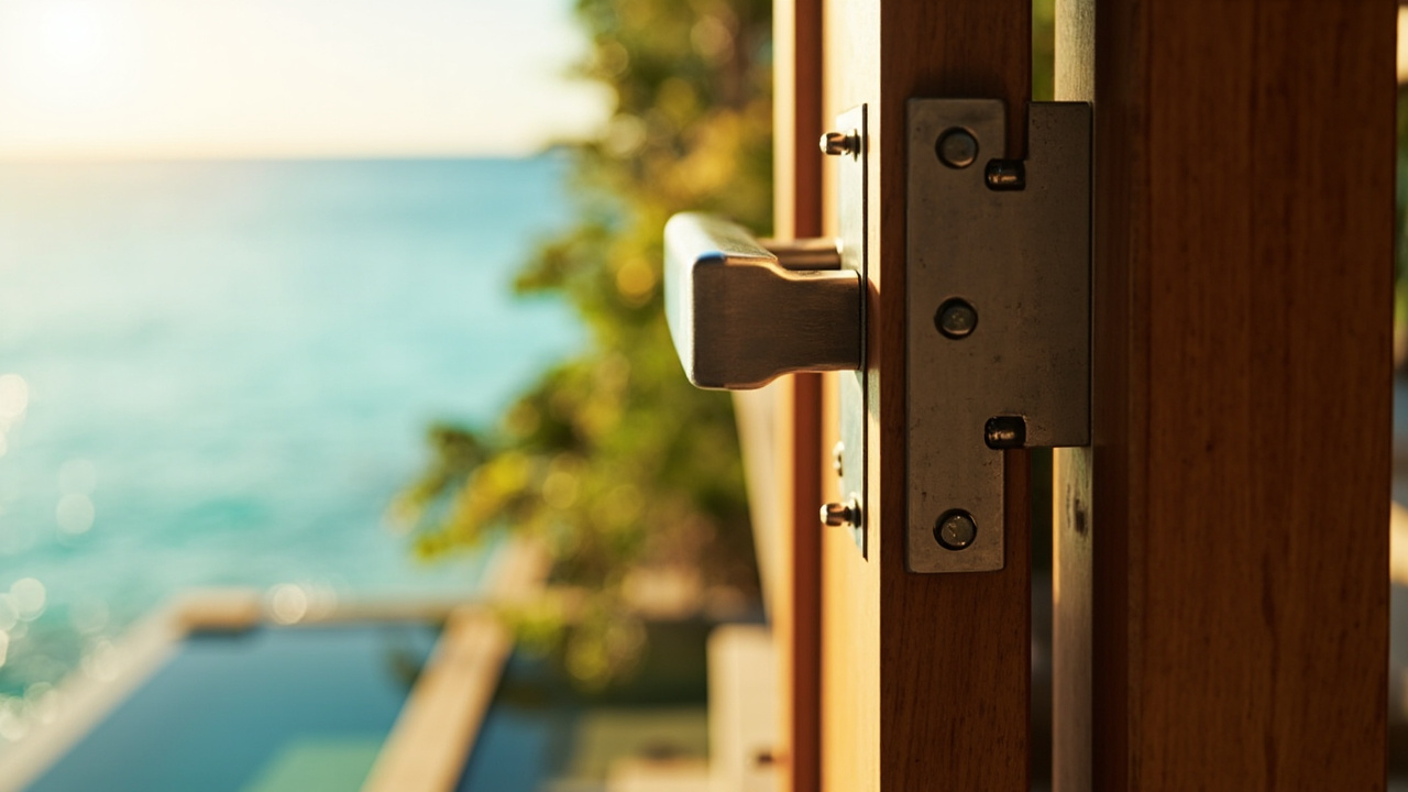 Generated editorial image for Salt-Air-Resistant Materials: a coastal-home detail with durable fittings, protected metalwork and practical marine-environment design. This is contextual imagery, not a photograph of a specific listing or ThaiLife property.