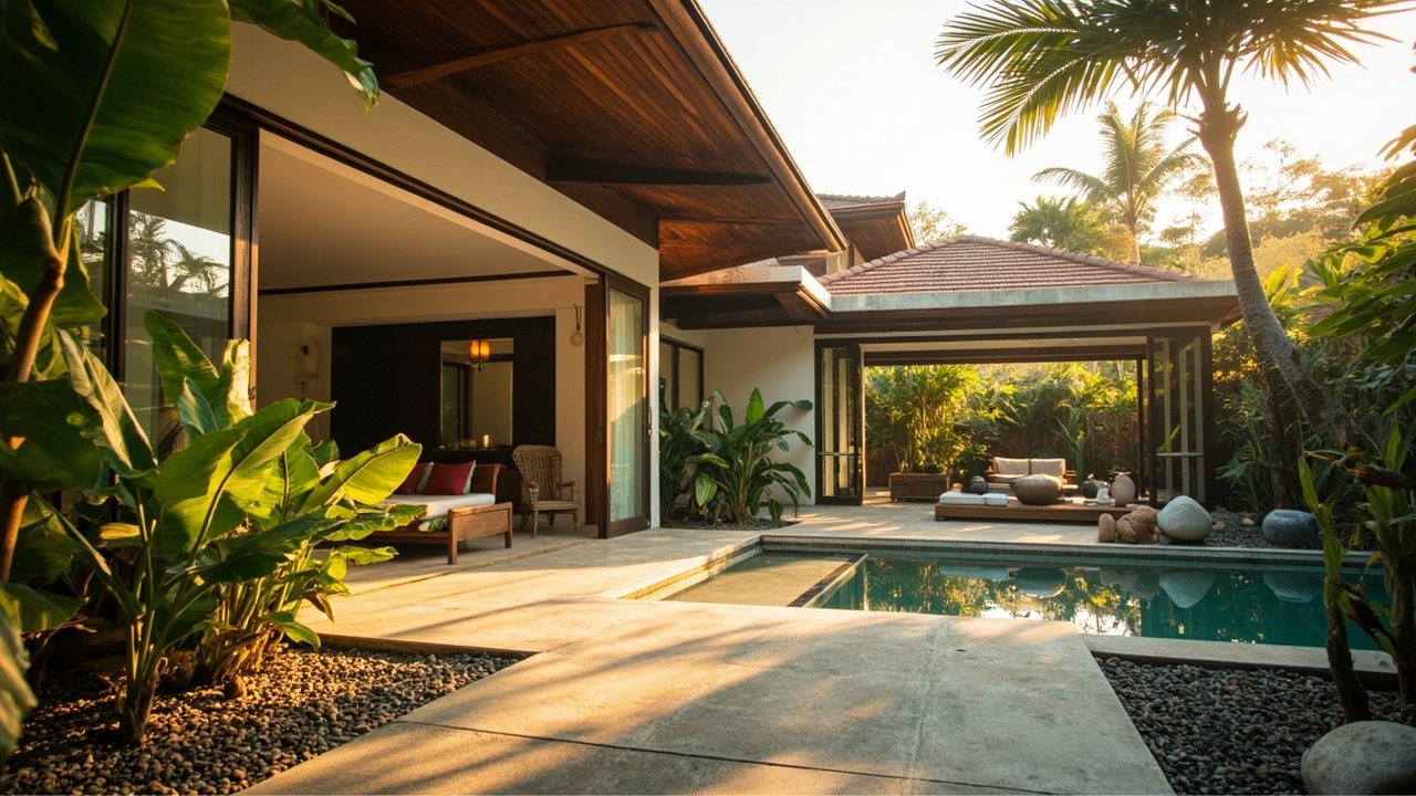 Generated editorial image for Low-Maintenance Homes: a clean tropical residence using durable surfaces, simple gardens and easy-care outdoor spaces. This is contextual imagery, not a photograph of a specific listing or ThaiLife property.