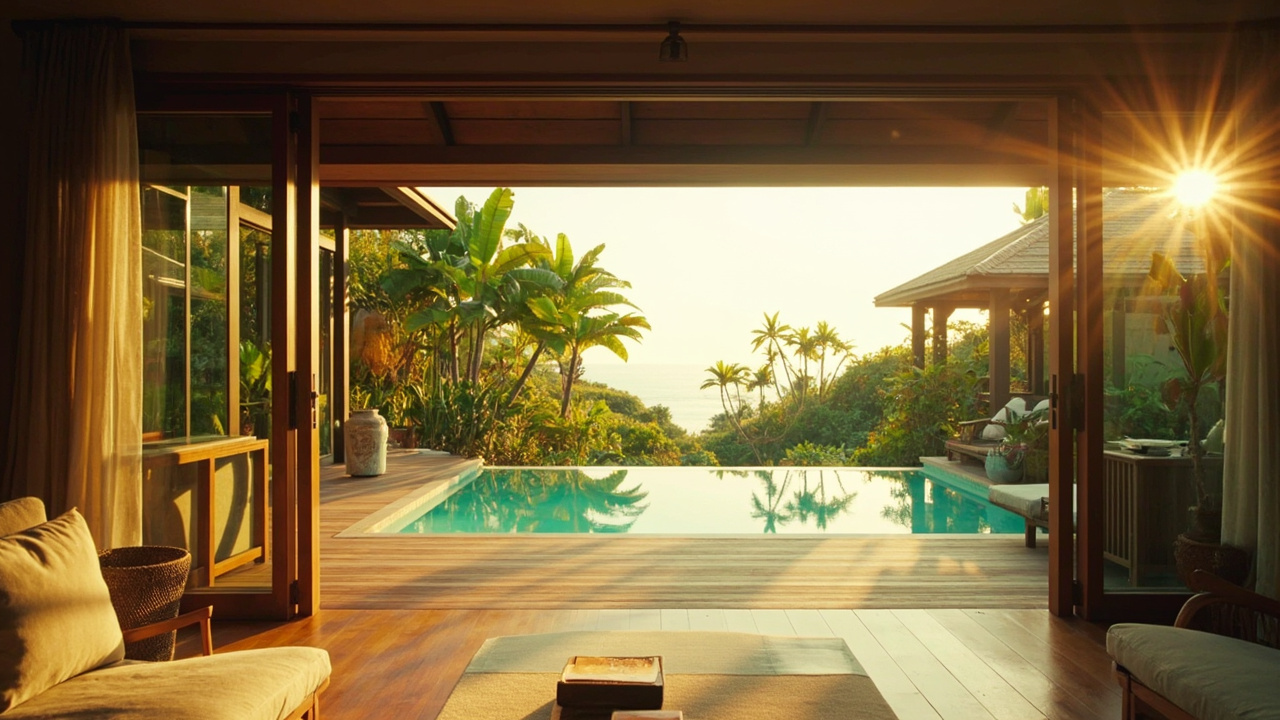 Generated editorial image for Indoor-Outdoor Living: a seamless villa scene where living room, terrace, pool and garden form one connected space. This is contextual imagery, not a photograph of a specific listing or ThaiLife property.