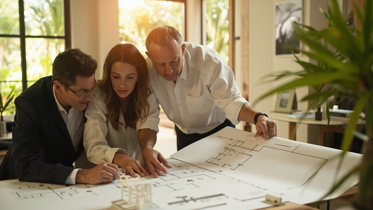 Generated editorial image for Property Floor-Plan Thinking: buyers and a designer discussing room flow using a model and blank diagrams with no readable text. This is contextual imagery, not a photograph of a specific listing or ThaiLife property.