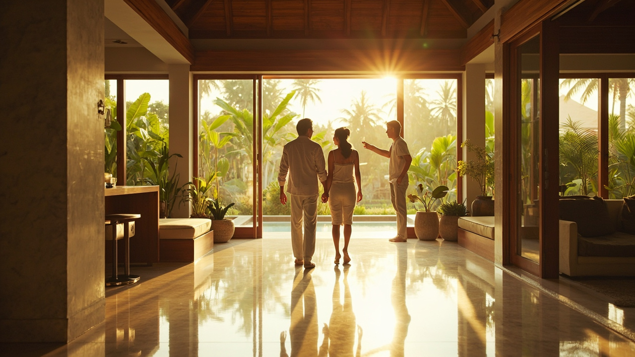 Generated editorial image for Villa Viewing: a couple walking through a bright tropical villa with an attentive local property guide. This is contextual imagery, not a photograph of a specific listing or ThaiLife property.