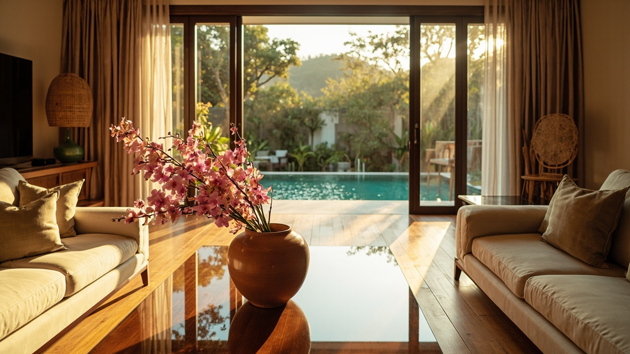 Generated editorial image for Show-Home Presentation: a perfectly prepared display villa with styled rooms, fresh flowers and inviting pool views. This is contextual imagery, not a photograph of a specific listing or ThaiLife property.