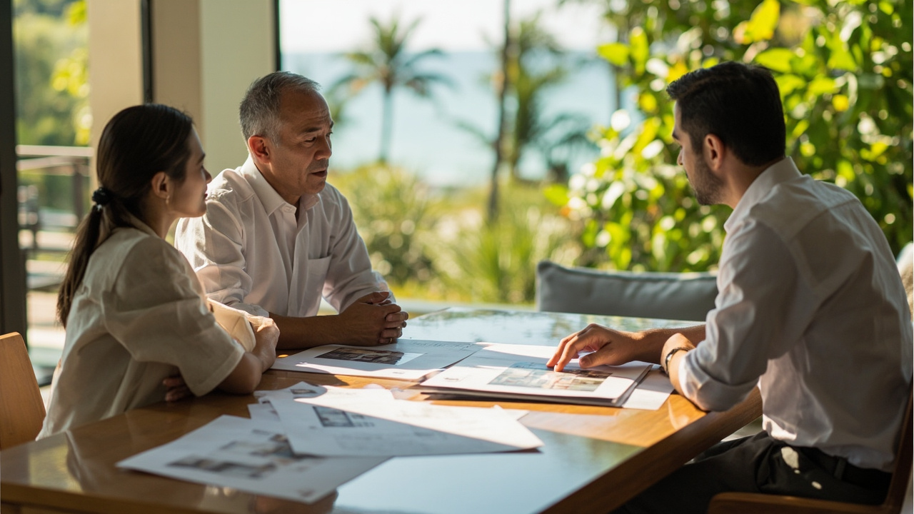 Generated Editorial Image for Buying Property in Thailand: a Calm Professional Consultation Between International Buyers, a Thai Adviser & Property Imagery in a Khao Lak Setting.