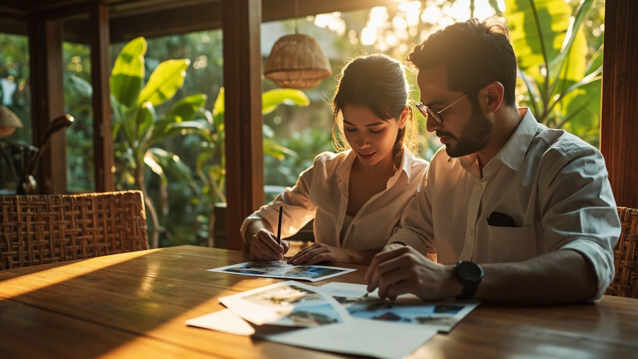 Generated Editorial Image for Property Shortlisting: a Couple Reviewing Several Villa Photographs & Notes Without Readable Text before a Day of Viewings. This Is Contextual Image