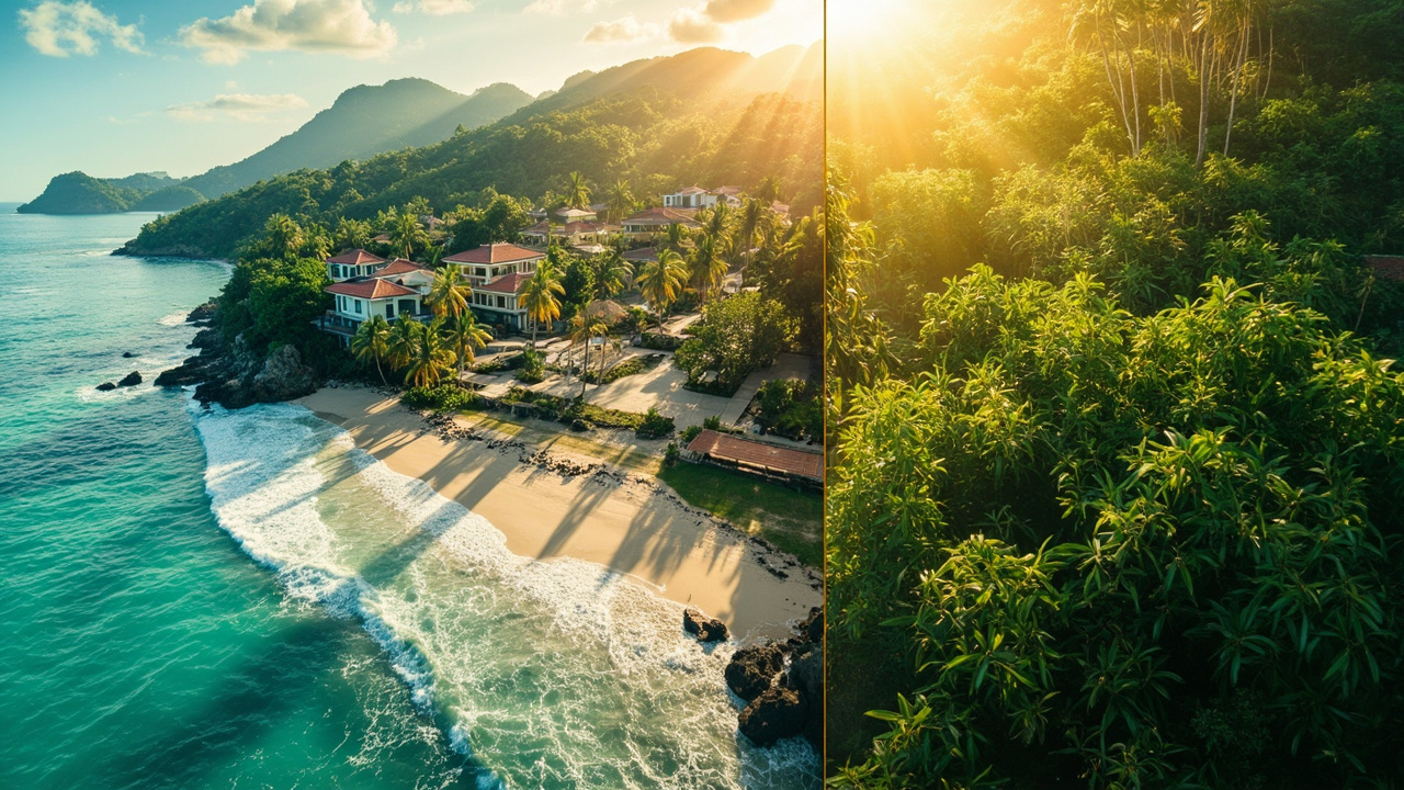 Generated Editorial Image for Comparing Areas: an Editorial Scene Contrasting Beachside, Town & Inland Khao Lak Property Lifestyles Without Labels. This Is Contextual Imagery, No