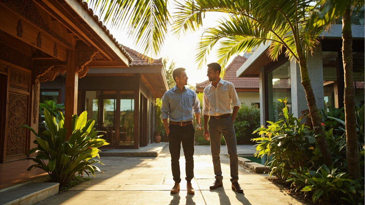 Generated editorial image for Comparing Villas: buyers thoughtfully comparing two different tropical villa styles during property inspections. This is contextual imagery, not a photograph of a specific listing or ThaiLife property.