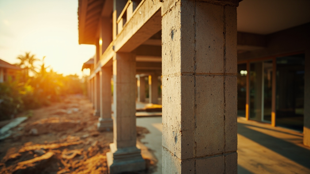 Generated editorial image for Structural Checks: a close inspection scene focused on columns, foundations and building quality. This is contextual imagery, not a photograph of a specific listing or ThaiLife property.