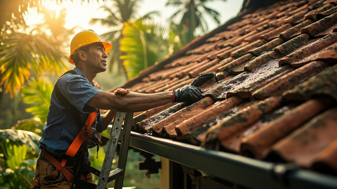 Generated editorial image for Roof Inspections: a safe professional roof-and-gutter assessment on a tropical home after seasonal weather. This is contextual imagery, not a photograph of a specific listing or ThaiLife property.