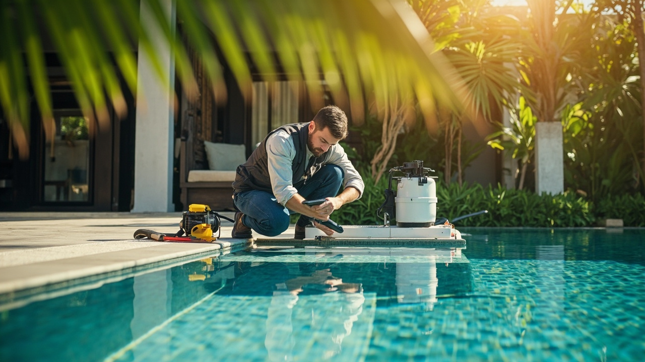 Generated editorial image for Pool Inspections: a technician checking pool structure, filtration and water condition at a villa. This is contextual imagery, not a photograph of a specific listing or ThaiLife property.
