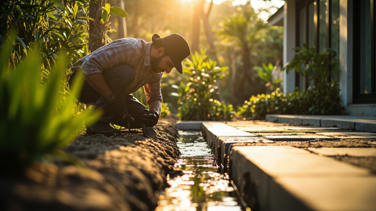 Generated editorial image for Drainage Inspections: an expert examining drains, ground levels and rainwater flow around a tropical property. This is contextual imagery, not a photograph of a specific listing or ThaiLife property.