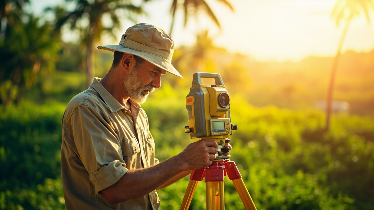 Generated Editorial Image for Land Surveys: a Surveyor Using Professional Equipment on a Tropical Land Plot with Clear Natural Sightlines. This Is Contextual Imagery, Not a Photogr