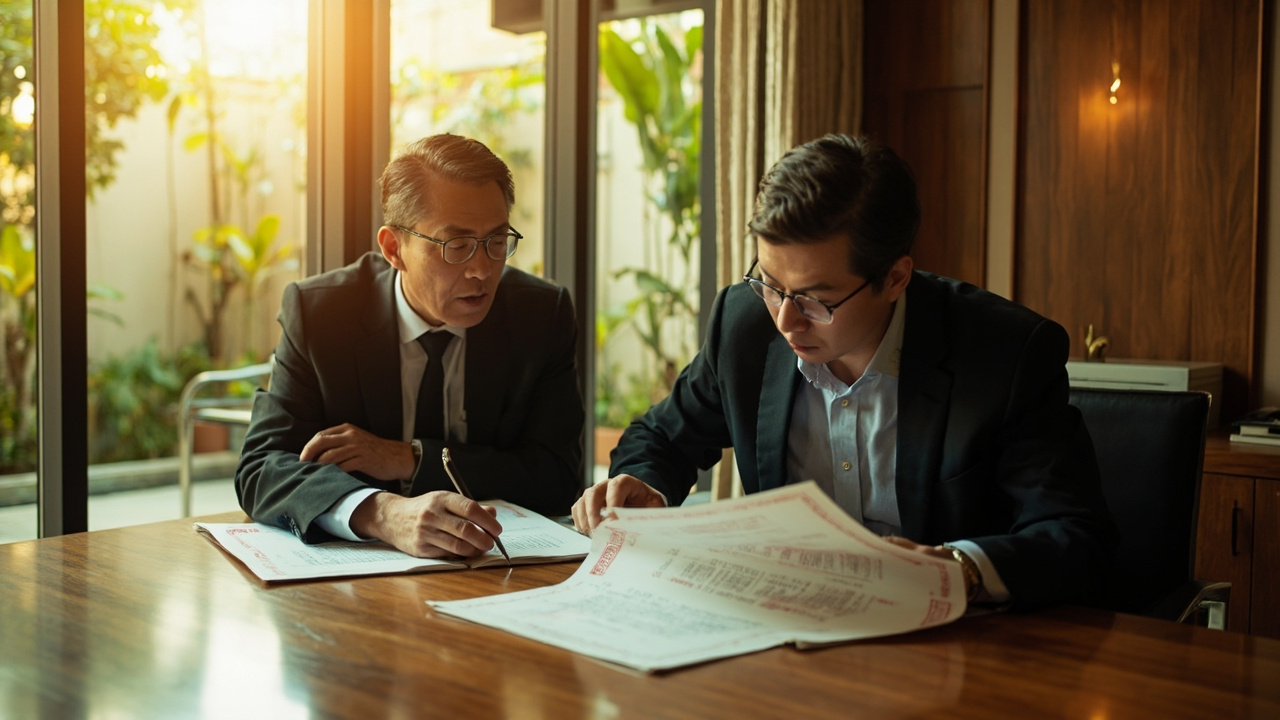Generated Editorial Image for Title-Deed Review: a Lawyer & Buyer Reviewing Official-Looking Property Documents with All Text Blurred or Unreadable. This Is Contextual Imagery, N