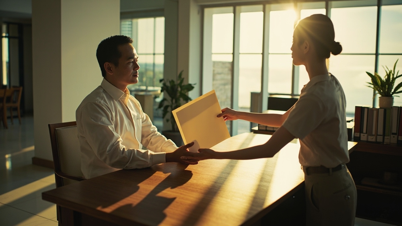 Generated Editorial Image for Land Office Process: a Respectful Administrative Property-Transfer Scene in a Clean Thai Government-Office Setting Without Visible Text. This Is Conte