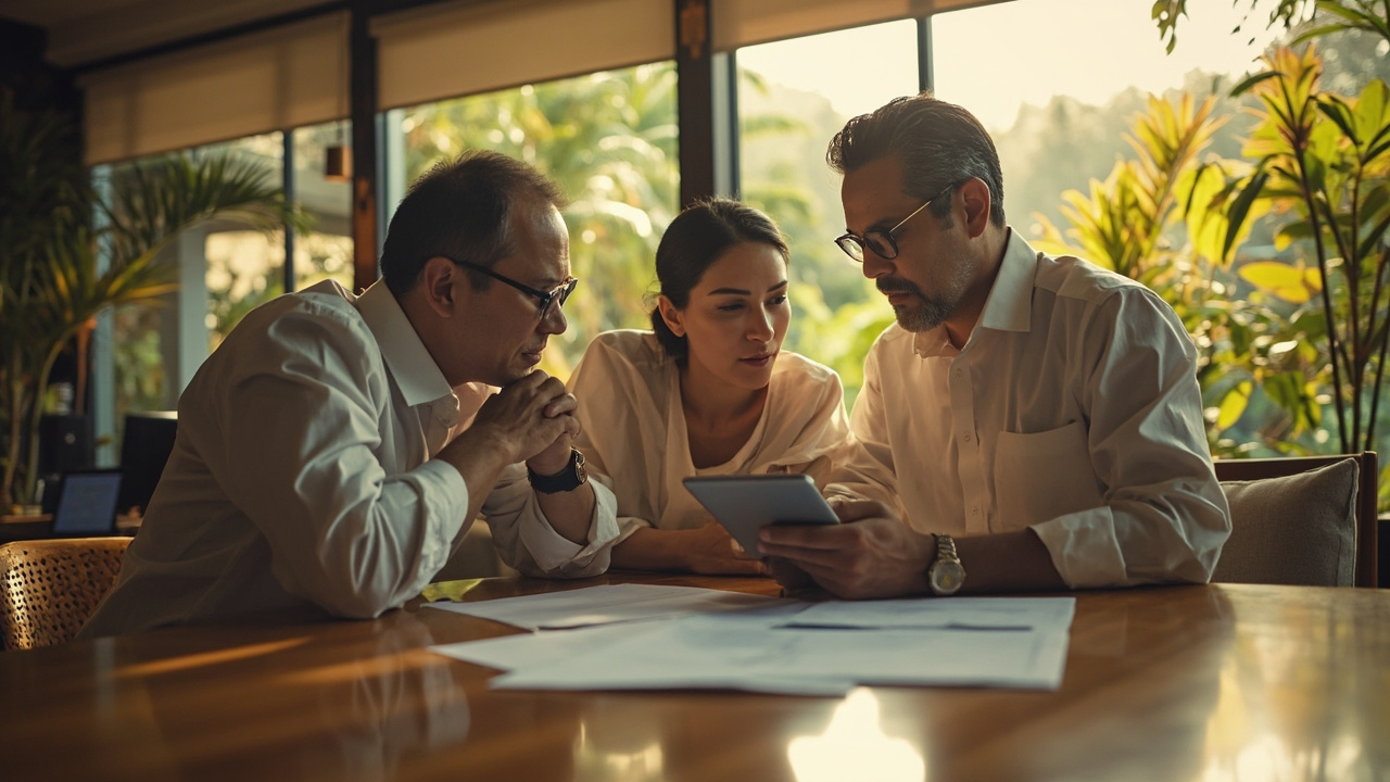 Generated Editorial Image for Foreign Buyer Guidance: an International Couple Discussing Safe Ownership Pathways with a Thai Property Professional. This Is Contextual Imagery, Not