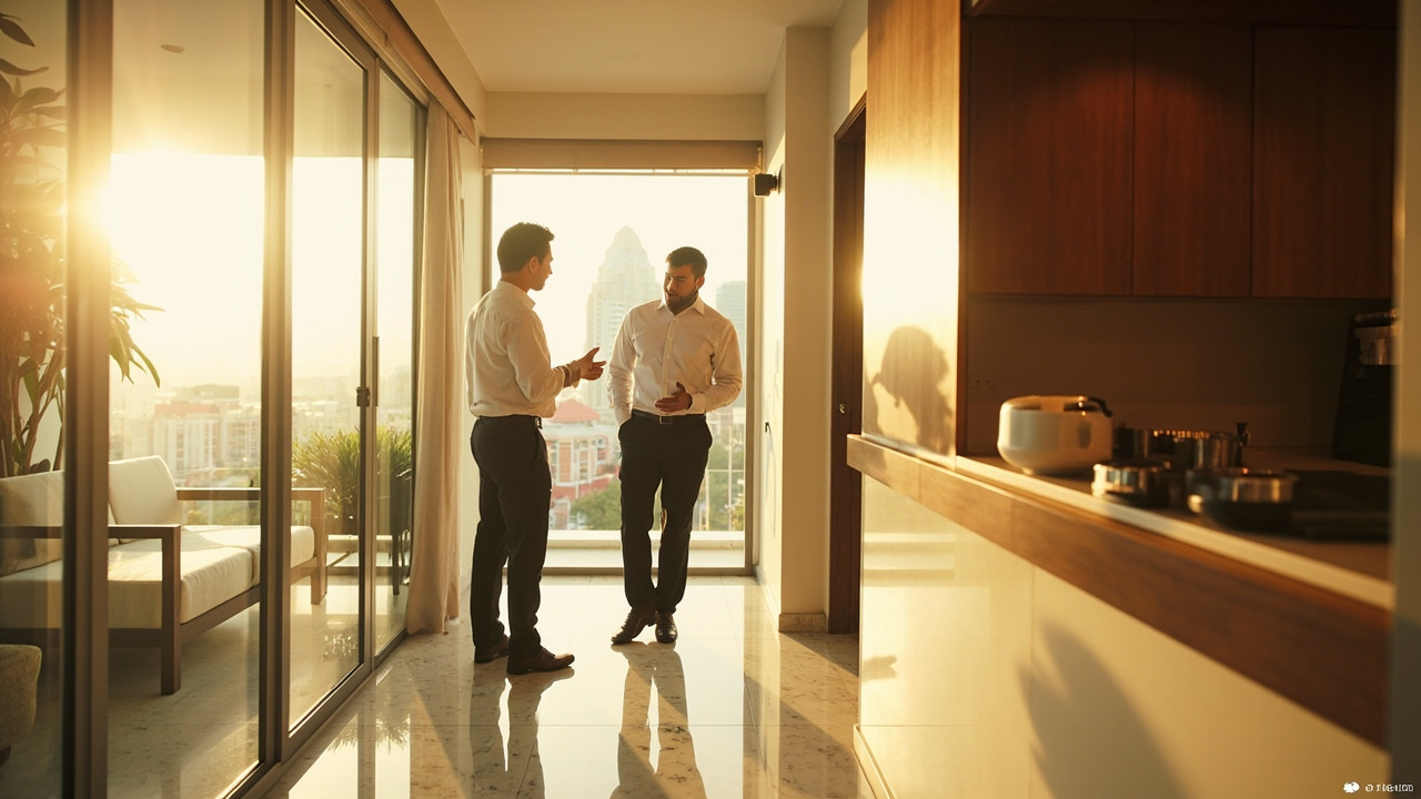 Generated editorial image for Freehold Condominium Ownership: a buyer examining a modern apartment while an adviser explains ownership options. This is contextual imagery, not a photograph of a specific listing or ThaiLife property.