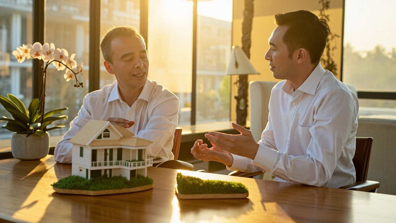 Generated editorial image for Building Ownership: a professional discussion separating house ownership from land rights using a model home and land base. This is contextual imagery, not a photograph of a specific listing or ThaiLife property.