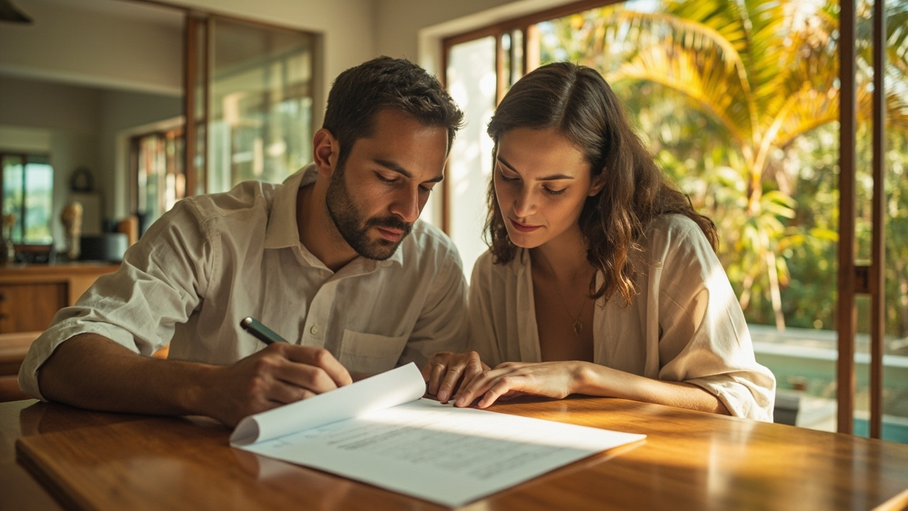Generated Editorial Image for Reservation Agreements: Buyers Carefully Reviewing a Reservation Document before Committing to a Tropical Villa. This Is Contextual Imagery, Not a Pho
