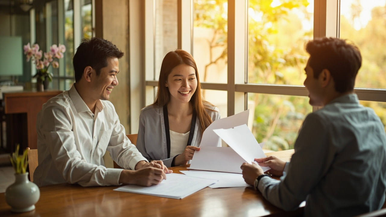 Generated Editorial Image for Sale & Purchase Agreements: a Formal But Friendly Contract-Review Scene with a Lawyer & Property Buyers. This Is Contextual Imagery, Not a Photogr
