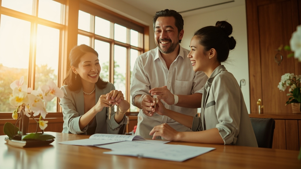 Generated Editorial Image for Transfer Day: Happy Buyers Receiving Keys after a Formal Thai Property Transfer. This Is Contextual Imagery, Not a Photograph of a Specific Listing Or