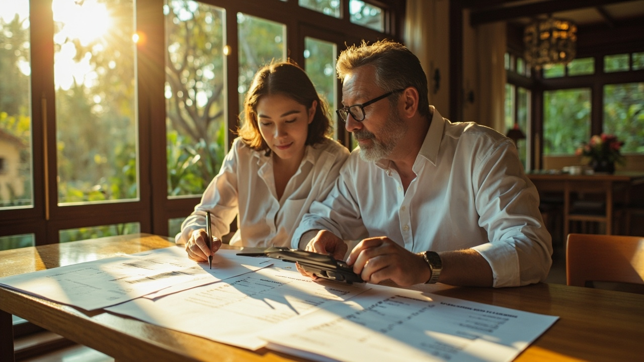 Generated editorial image for Budget Planning: buyers balancing purchase price, renovation, furniture and running costs with a calculator. This is contextual imagery, not a photograph of a specific listing or ThaiLife property.