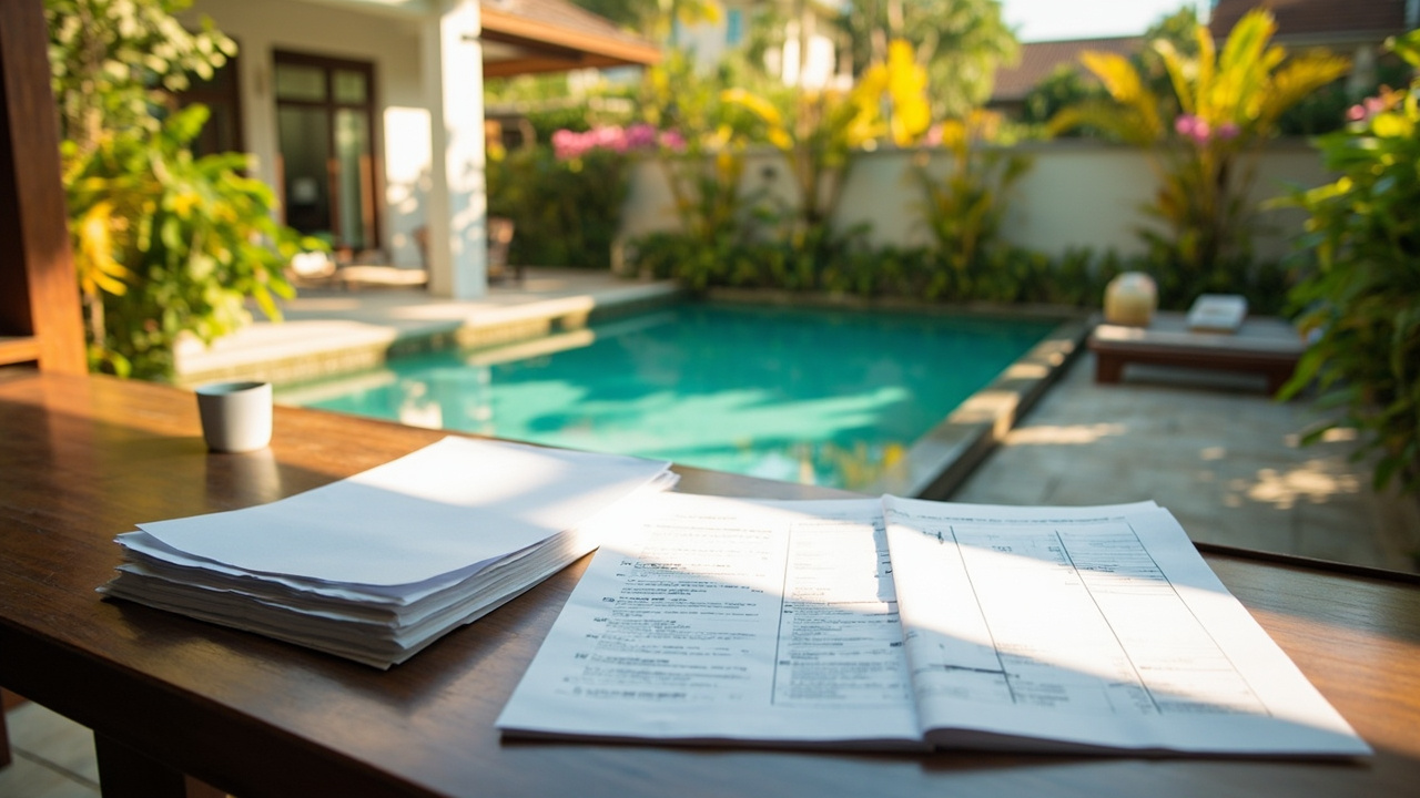 Generated editorial image for Total Ownership Costs: a planning scene covering home, pool, garden, insurance and maintenance expenses. This is contextual imagery, not a photograph of a specific listing or ThaiLife property.