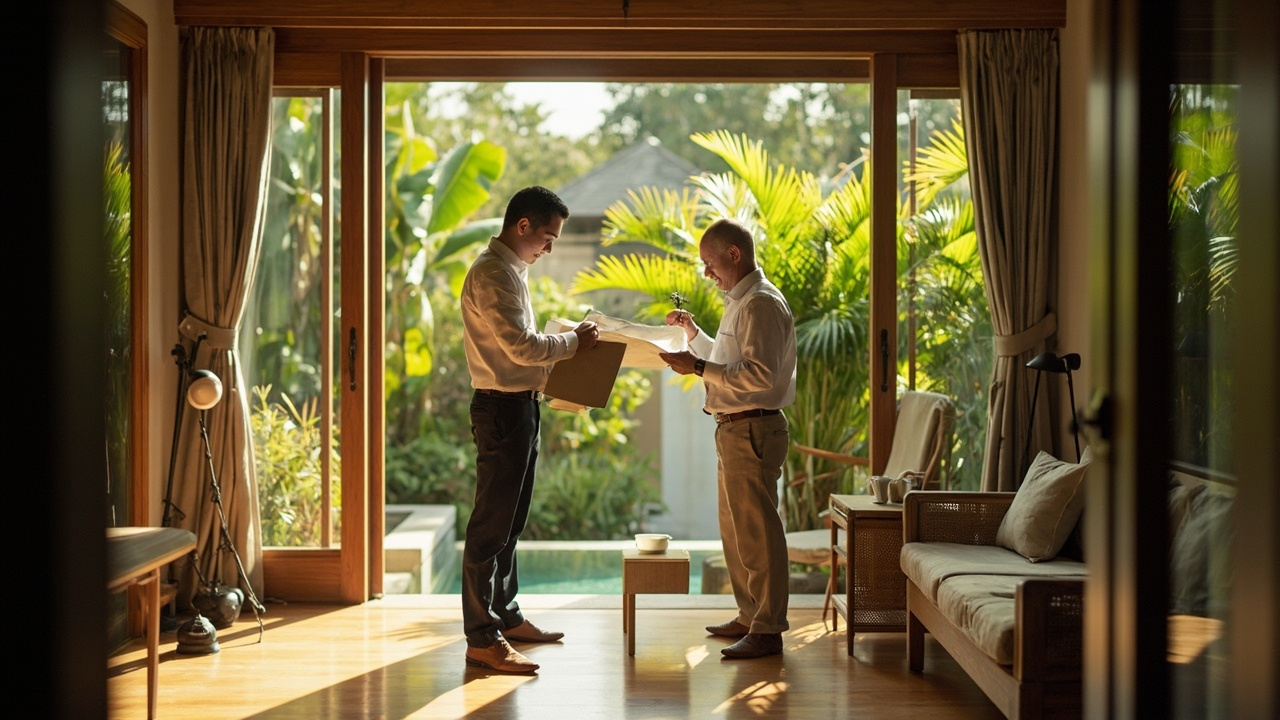 Generated Editorial Image for Seller Representation: a Property Professional Preparing a Tropical Home for Market with the Owner. This Is Contextual Imagery, Not a Photograph of A