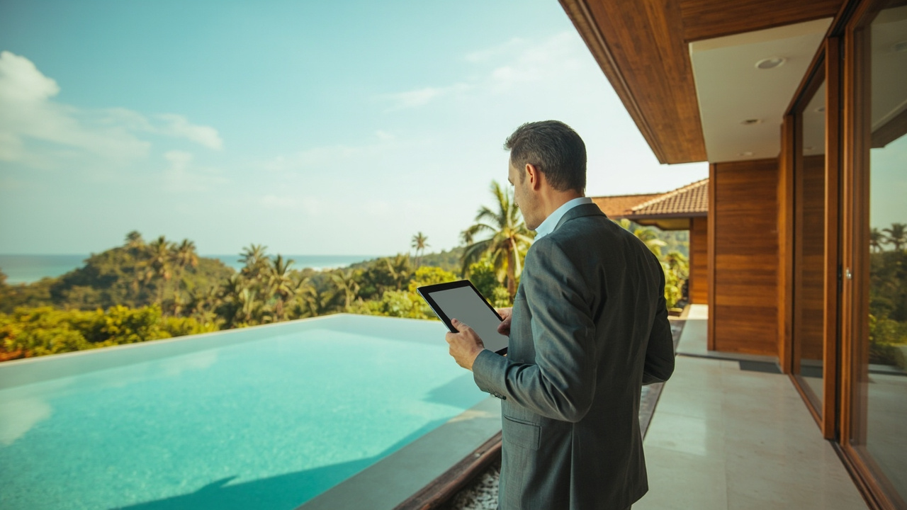 Generated Editorial Image for Property Valuations: a Valuer Assessing a Khao Lak Villa, Land, Pool & Surrounding Location. This Is Contextual Imagery, Not a Photograph of a Speci