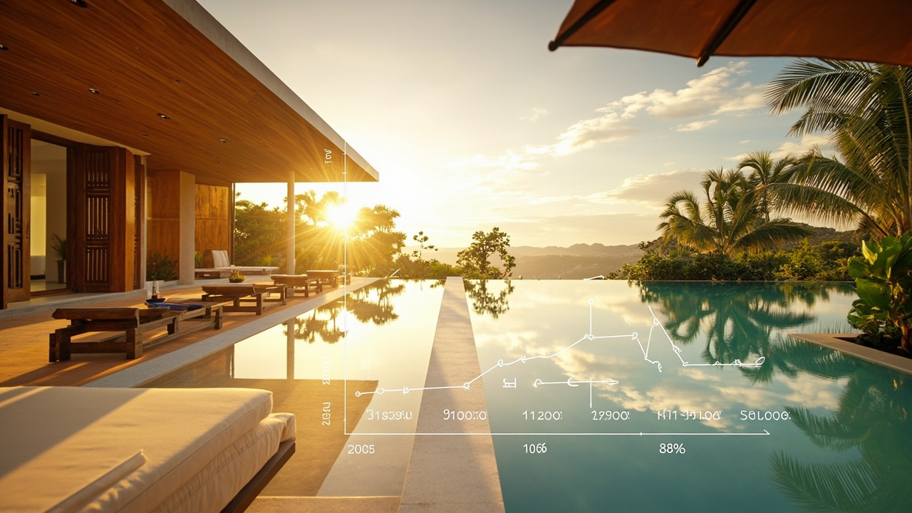 Generated editorial image for Rental-Yield Planning: an investment discussion combining a villa image, seasonal calendar shapes and unreadable figures. This is contextual imagery, not a photograph of a specific listing or ThaiLife property.