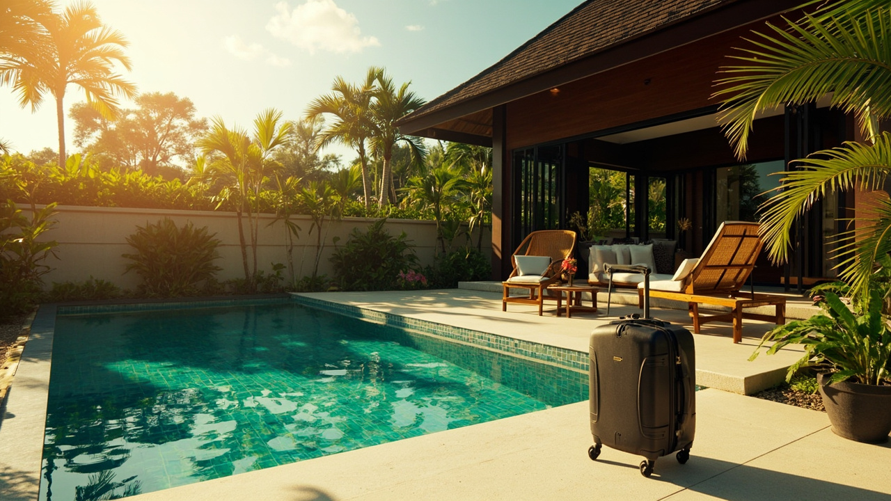 Generated editorial image for Holiday-Rental Investment: an appealing pool villa prepared for guests with luggage arrival and investment context. This is contextual imagery, not a photograph of a specific listing or ThaiLife property.