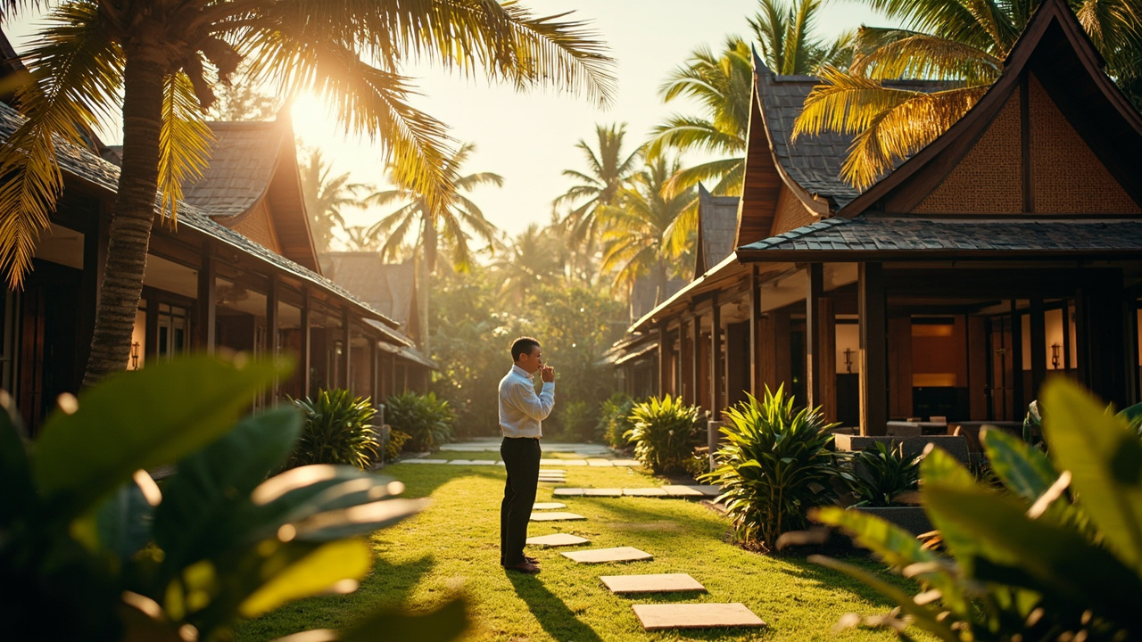Generated Editorial Image for Boutique-Resort Investment: a Small Tropical Resort with Several Bungalows, Gardens & an Owner Reviewing Improvement Potential. This Is Contextual I
