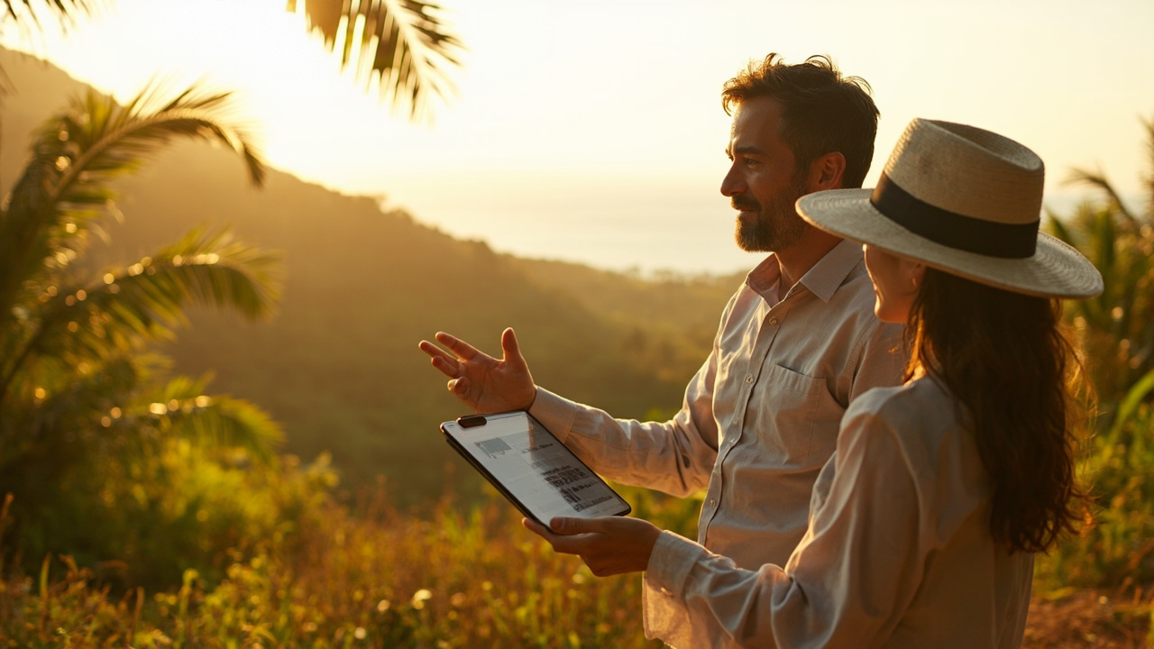 Generated Editorial Image for Land Investment: a Buyer & Adviser Examining a Well-Positioned Tropical Land Parcel with Future Potential. This Is Contextual Imagery, Not a Photogr