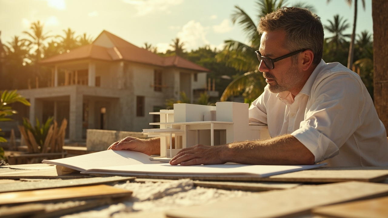 Generated Editorial Image for Off-Plan Investment: an Investor Reviewing a Villa Model, Material Samples & an Organised Construction Site. This Is Contextual Imagery, Not a Photo