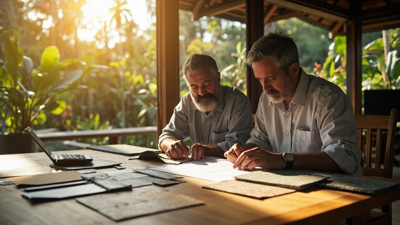 Generated Editorial Image for Construction Budgets: an Architect & Owner Estimating a Tropical-Home Build with Calculator & Material Samples. This Is Contextual Imagery, Not A