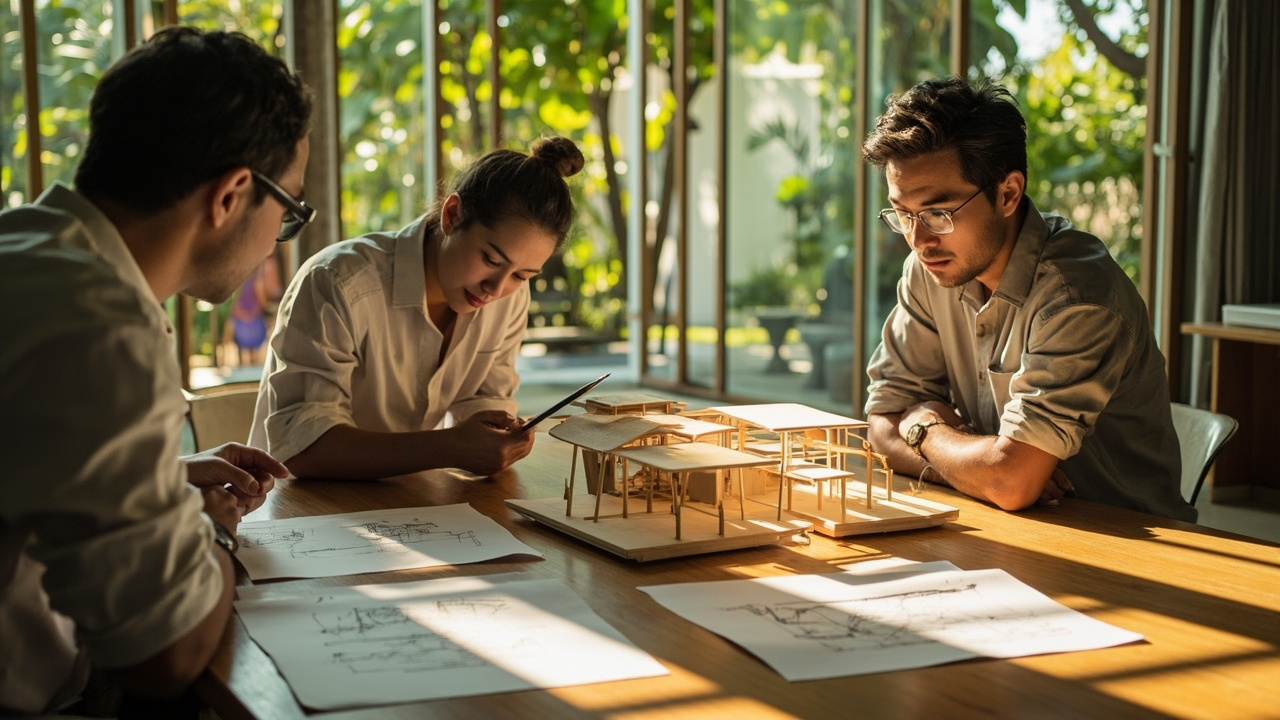 Generated Editorial Image for Architect Consultations: a Collaborative Design Meeting with Villa Models, Sketches Without Text & Khao Lak Climate Considerations. This Is Contextu
