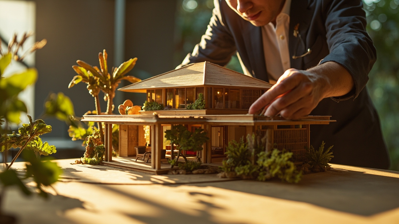 Generated Editorial Image for Designing a Tropical Home: an Architect Presenting a Breezy House Model with Deep Eaves, Shaded Terraces & Garden Integration. This Is Contextual Im
