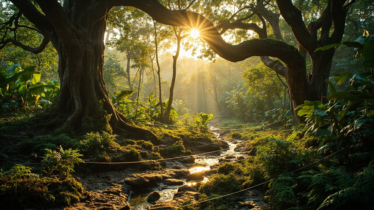 Generated Editorial Image for Environmental Considerations: a Site-Planning Scene Protecting Mature Trees, Natural Drainage & Surrounding Tropical Habitat. This Is Contextual Ima