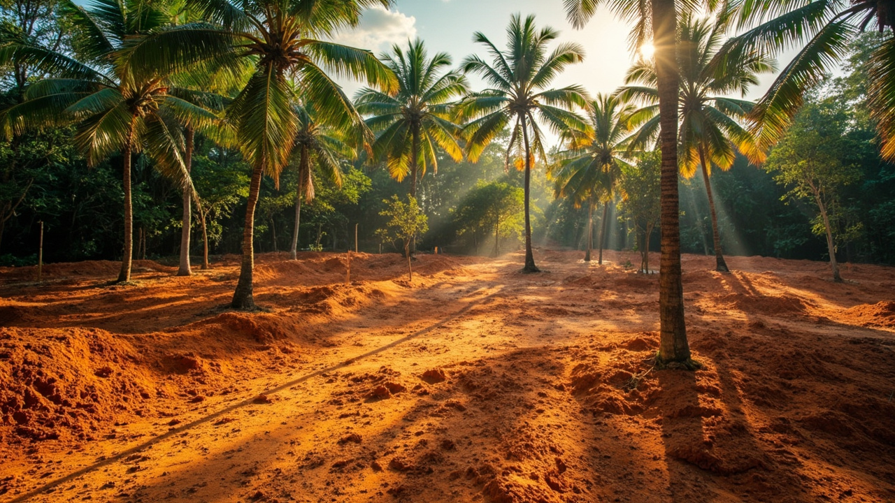 Generated Editorial Image for Site Preparation: an Organised Tropical Building Site Being Cleared Carefully While Retaining Useful Trees. This Is Contextual Imagery, Not a Photogra