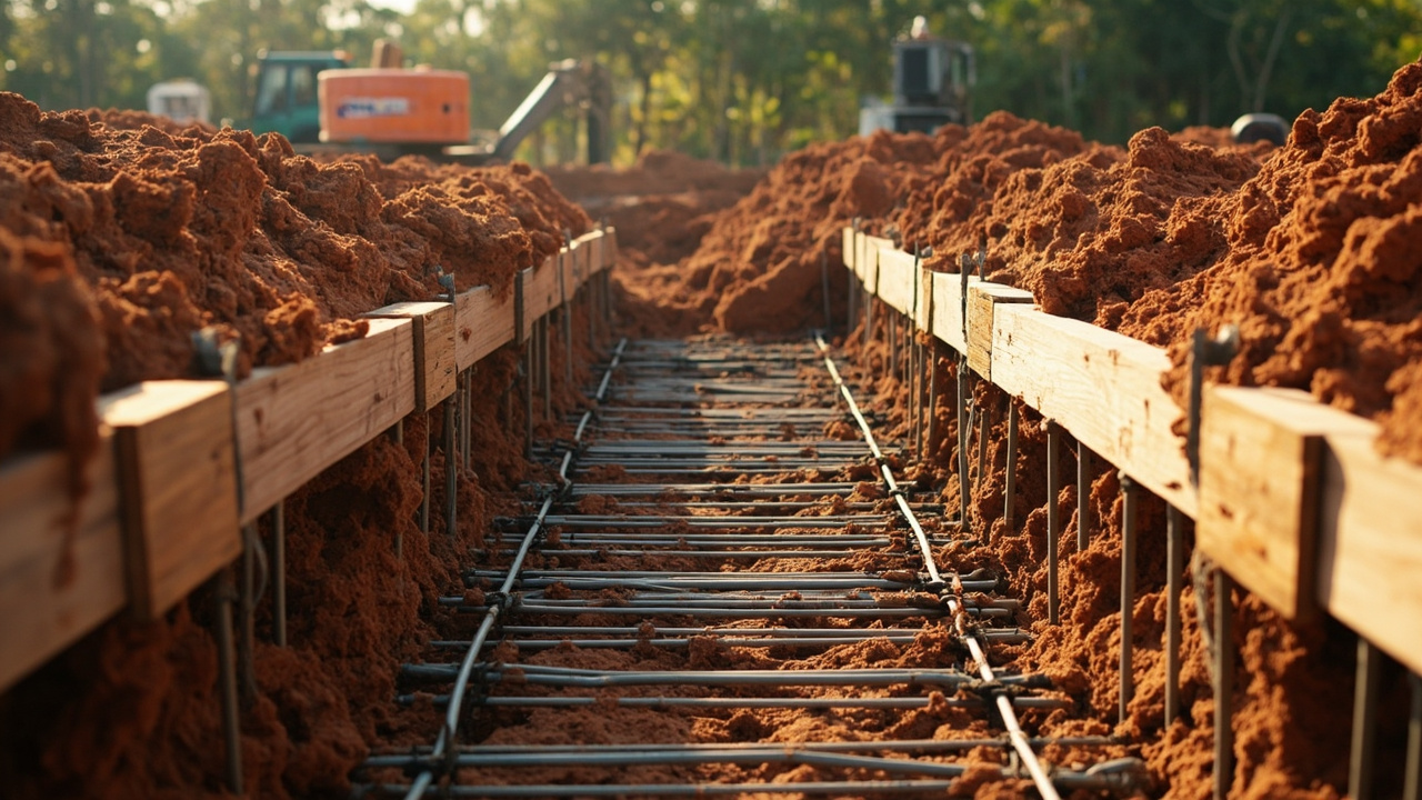 Generated Editorial Image for Foundation Work: a Quality-Controlled Foundation Construction Scene Suited to Tropical Soil & Heavy Rain. This Is Contextual Imagery, Not a Photogra