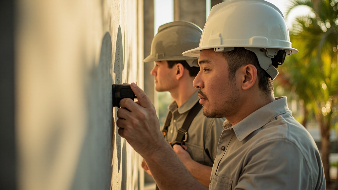 Generated Editorial Image for Quality Control: a Site Supervisor Checking Measurements, Materials & Workmanship on a Villa Build. This Is Contextual Imagery, Not a Photograph Of