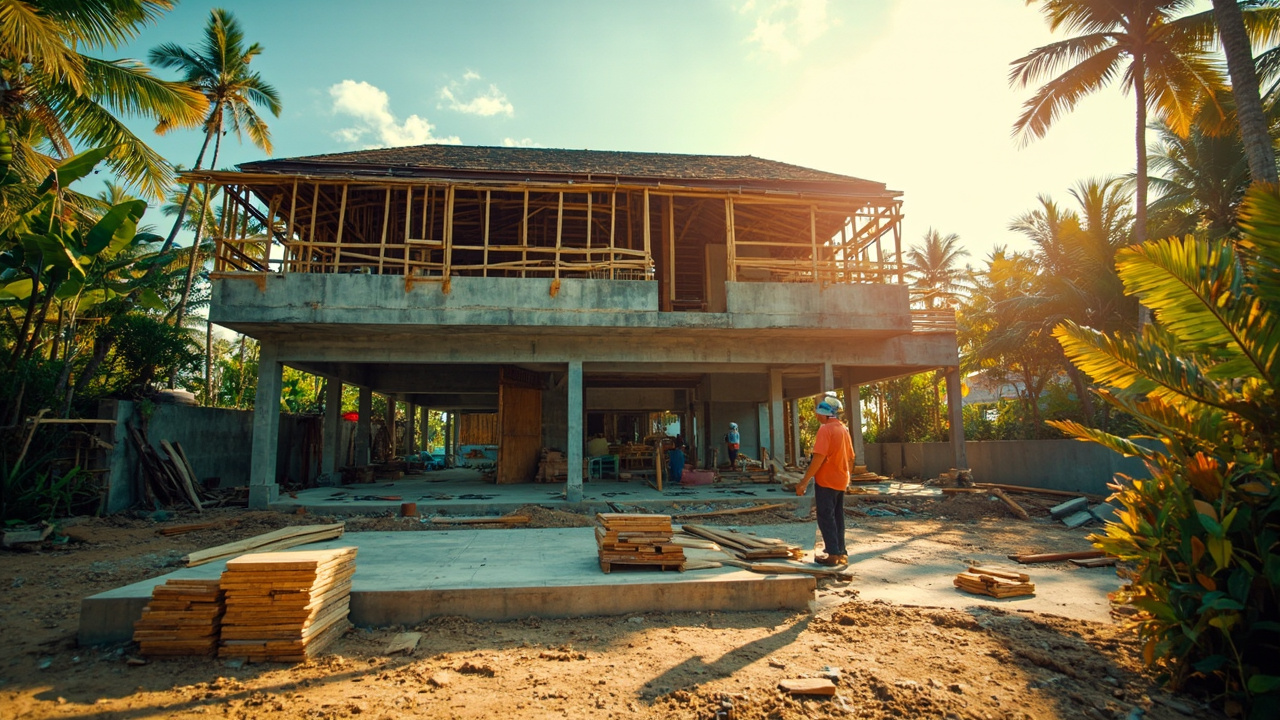 Generated Editorial Image for Construction Progress: a Tropical Villa Midway Through Construction with Organised Trades & Clean Site Management. This Is Contextual Imagery, Not A