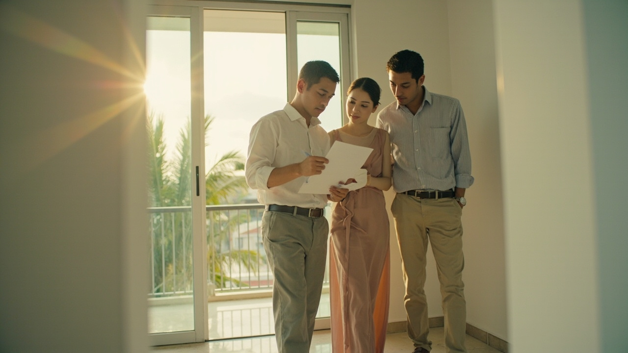 Generated editorial image for Handover Inspections: owners and an inspector completing a detailed final walk-through before receiving keys. This is contextual imagery, not a photograph of a specific listing or ThaiLife property.