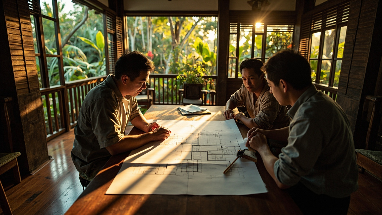 Generated Editorial Image for Renovation Planning: an Owner, Designer & Contractor Discussing Improvements Inside an Older Tropical Home. This Is Contextual Imagery, Not a Photog