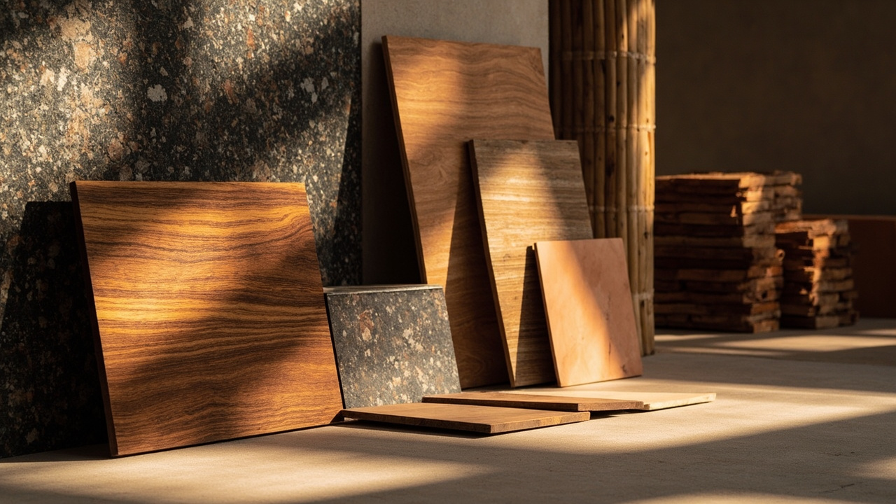 Generated Editorial Image for Local Materials: a Tasteful Selection of Tropical Timber, Stone, Tiles & Locally Suited Finishes. This Is Contextual Imagery, Not a Photograph of A