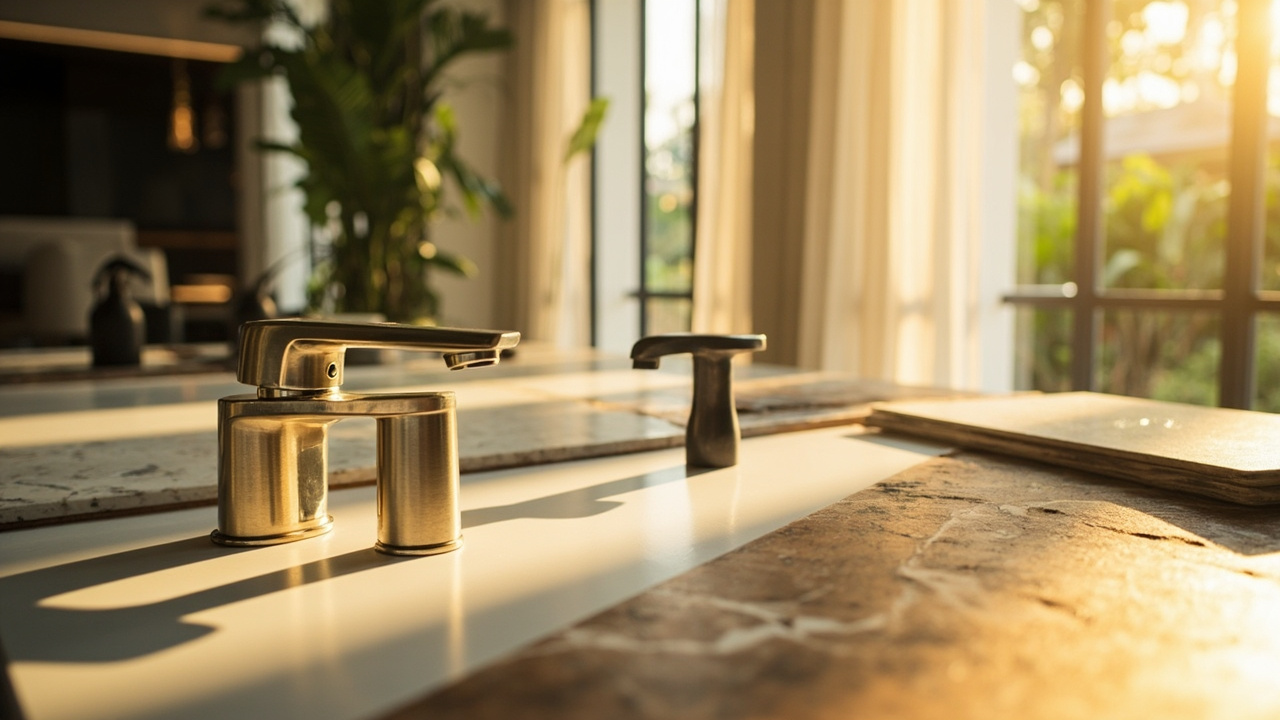 Generated Editorial Image for Imported Materials: a Design Scene Comparing Premium Imported Fixtures with Practical Locally Available Alternatives. This Is Contextual Imagery, Not