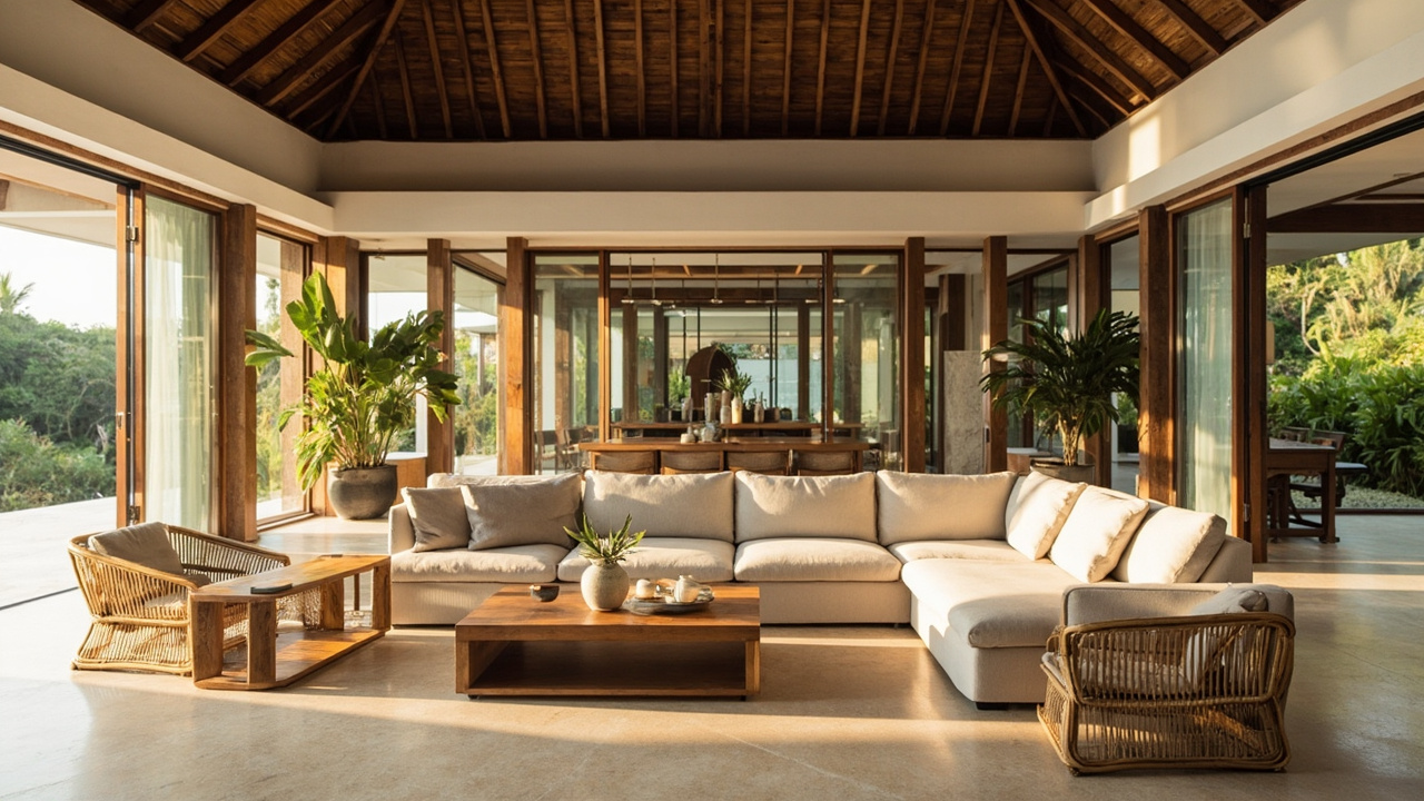 Generated Editorial Image for Furniture Packages: a Newly Completed Villa Being Furnished with Coordinated Tropical-Modern Pieces. This Is Contextual Imagery, Not a Photograph of A