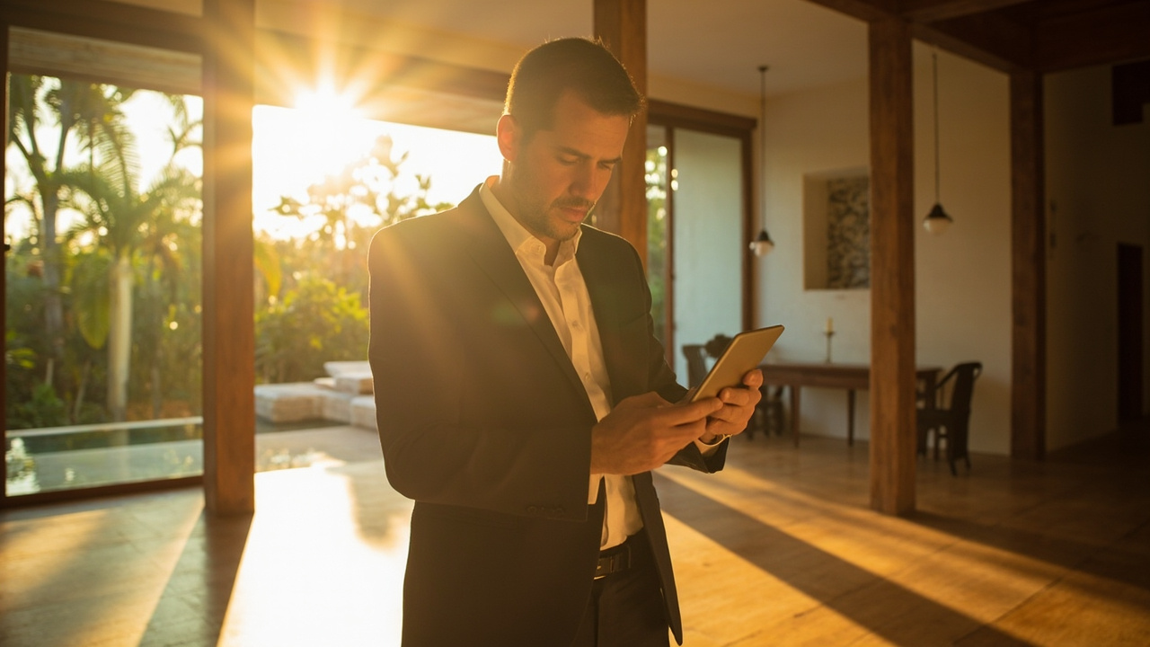 Generated Editorial Image for Property Management: a Professional Manager Inspecting a Khao Lak Villa on Behalf of an Overseas Owner. This Is Contextual Imagery, Not a Photograph O